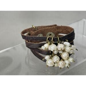 JENNY RABELL Pearl Cluster Dangle Leather Wrap Bracelet VTG